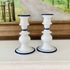 Set 2 Dansk Bistro Blue White Ceramic Candlestick Holders Japan MCM Scandinavian